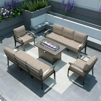 Gotland 8 Seats Outdoor Metal Patio Furniture Set with 55,000 BTU Gas Fire Pit Table w/Glass Wind Guard Patio Conversation Sectional Sofa Sets-Sand