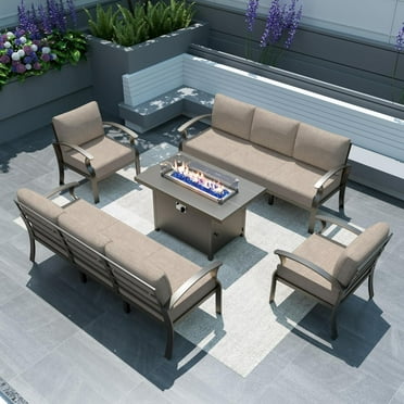 Gotland 8 Seats Outdoor Metal Patio Furniture Set with 55,000 BTU Gas Fire Pit Table w/Glass Wind Guard Patio Conversation Sectional Sofa Sets-Sand