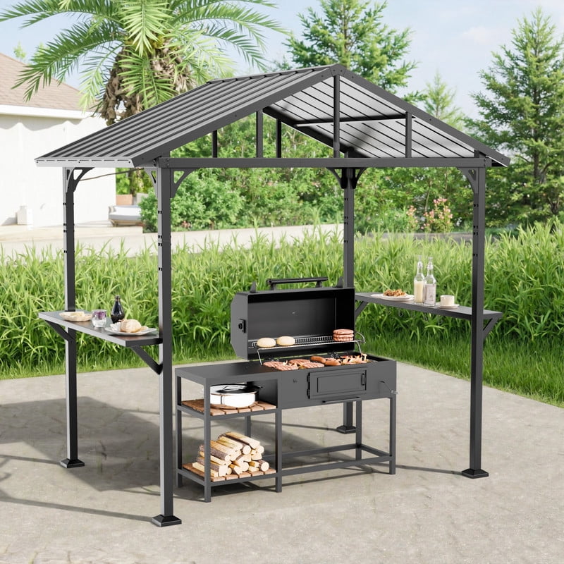 Gotland 8' x 5' Hardtop Grill Gazebo, Outdoor BBQ Metal Roof Canopy with 2 Metal Side Shelves & 5 Tool Hooks for Patio, Garden, Backyard, Poolside (Black)