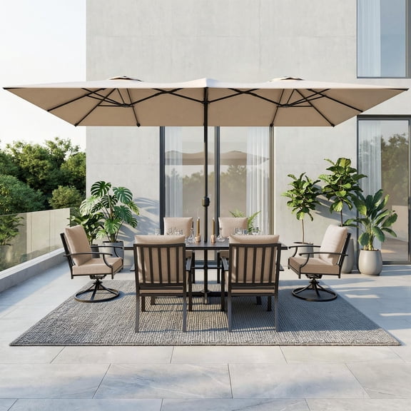 Gotland 8PCS Outdoor Patio Dining Set with 13.6ft Double-Sided Patio Umbrella, Patio Table and Chairs Metal Outdoor Patio Furniture Set, Dining Table Set with 2 Swivel Chairs, Sand