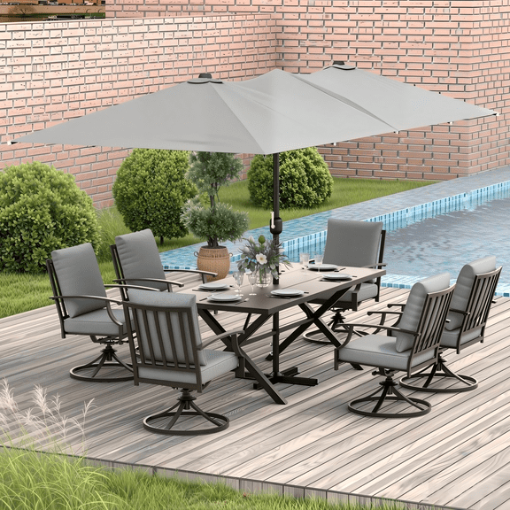 Gotland 8PCS Outdoor Patio Dining Set with 13.6ft Double-Sided Patio Umbrella, Patio Table and Chairs Metal Outdoor Patio Furniture Set, Dining Table Set with 6 Swivel Chairs, Grey