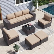 Gotland 8PCS Outdoor Patio Furniture Set, Outdoor Sectional Furniture All Weather PE Rattan Wicker Patio Conversation Set with 2 Ottomans and Coffee Table, Sand