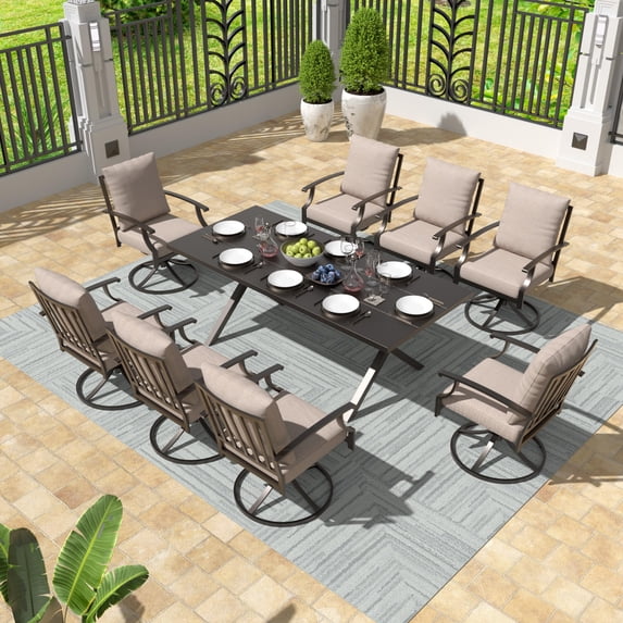 Gotland 9 Piece Outdoor Dining Set, Metal Outdoor Table and 8 Swivel Chairs , Patio Furniture Set with Waterproof Cushions, Patio Dining Sets for Backyard Deck ,Sand