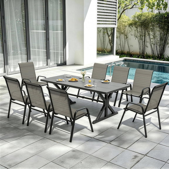 Gotland 9-Piece Outdoor Patio Dining Set,8 Stackable High Back Textilene Chairs & Crisscross Leg Solid Metal Dining Table, All Weather Outdoor Furniture for Backyard Garden Deck, Brown