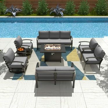 Gotland 9 Seats Outdoor Metal Patio Furniture Set with 2 Swivel Rocking Chairs&55,000 BTU Gas Fire Pit Table w/Glass Wind Guard Patio Conversation Sectional Sofa Sets-Grey