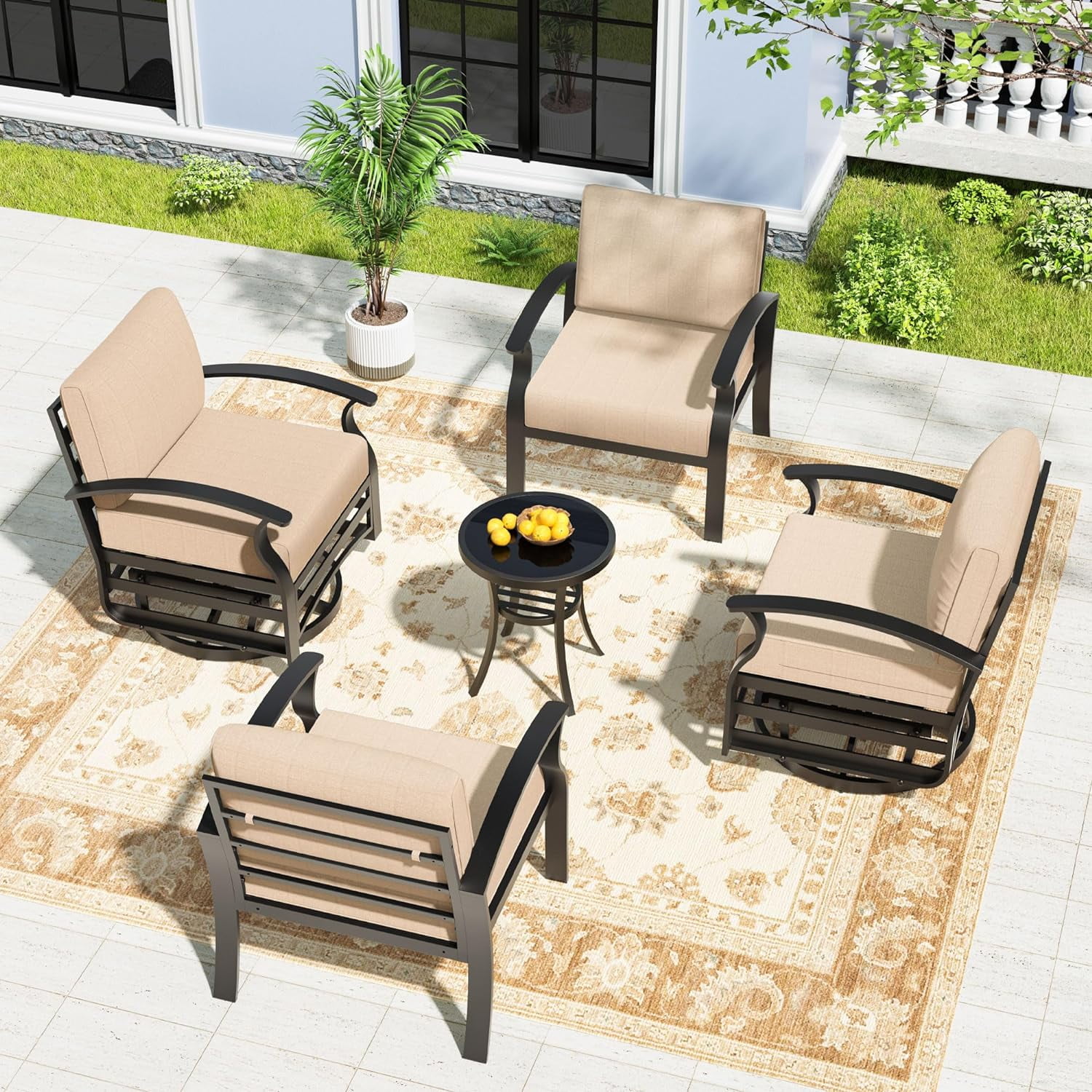 Gotland Aluminum Patio Furniture Set 5 Pieces 4 Seat Metal Outdoor Furniture Conversation Set w Swivel Chairs Sand