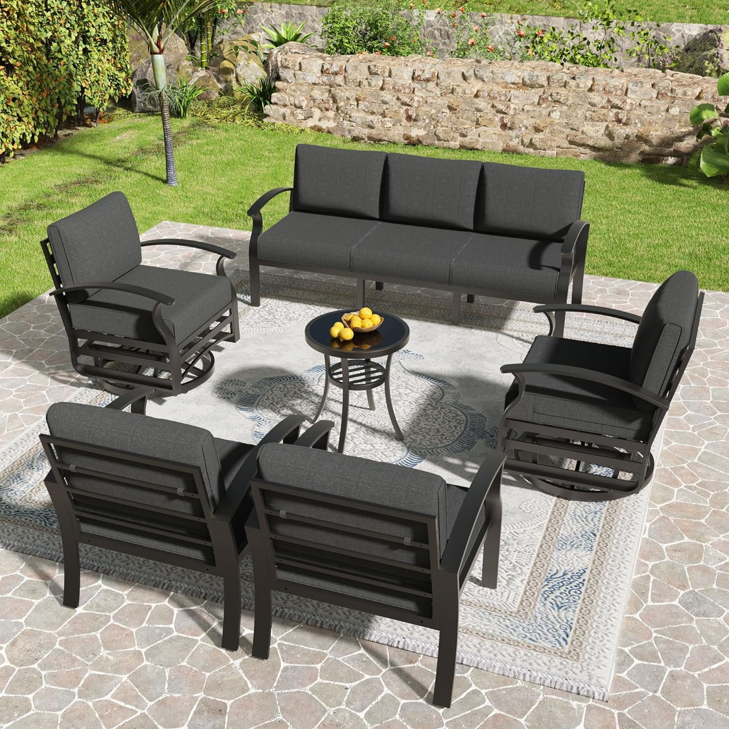 Gotland Aluminum Patio Furniture Set 6 Pieces 7 Seat Metal Outdoor Furniture Conversation Set w Swivel Chairs Black