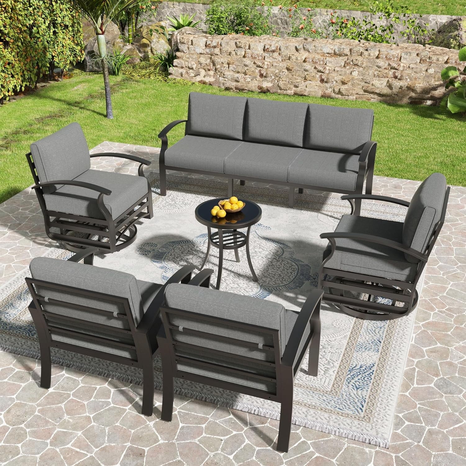 Gotland Aluminum Patio Furniture Set,6 Pieces 7 Seat Metal Outdoor Furniture Conversation Set w/Swivel Chairs,Gray