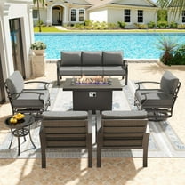 Kullavik Aluminum Patio Furniture Set,7 Pieces 7 Seat Metal Outdoor Furniture Conversation Set w/45 Propane Gas Fire Pit&Swivels,Gray