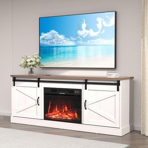 Gotland Farmhouse TV Stand with Fireplace for 65" TV, Entertainment Center with Sliding Barn Doors and Adjustable Shelf, Media Furniture with 24" Electric Fireplace for Living Room, White