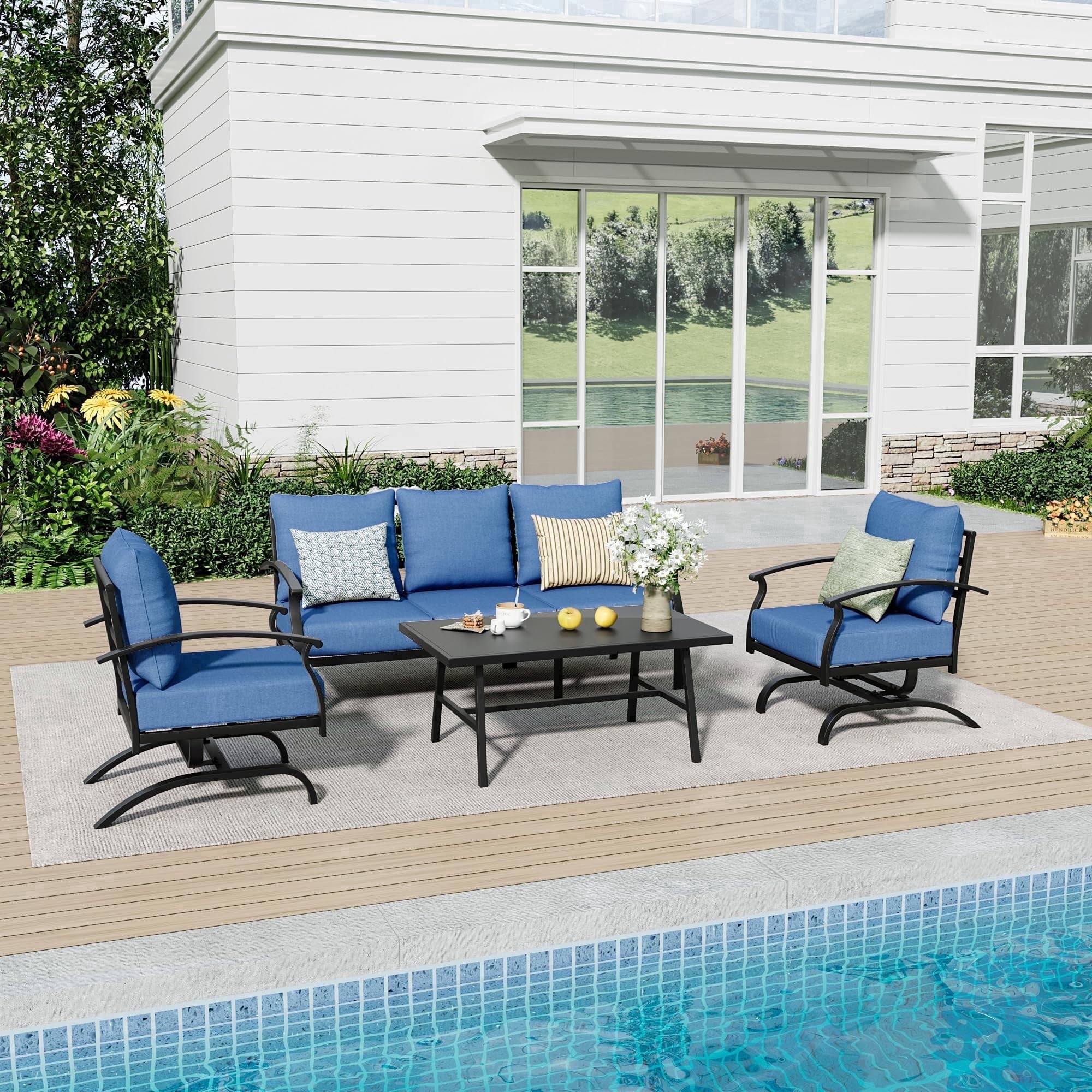 Gotland Metal Patio Furniture Set 5-Seat Modern Metal Bistro Set Outdoor Conversation Sets, 2 Piece Patio Rocker Chairs with Thick Cushion and Coffee Table for Garden Backyard Deck Lawn, Navy Blue
