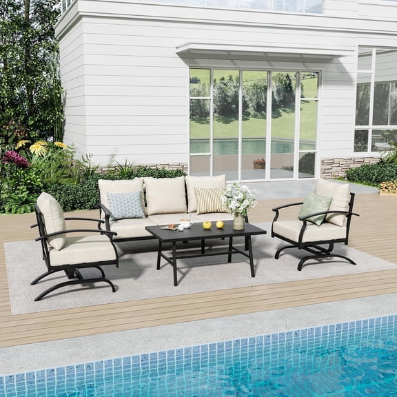 Gotland Metal Patio Furniture Set 5-Seat Modern Metal Bistro Set Outdoor Conversation Sets, 2 Piece Patio Rocker Chairs with Thick Cushion and Coffee Table for Garden Backyard Deck Lawn, Sand
