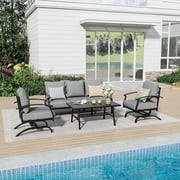 Gotland Metal Patio Furniture Set 5-Seat Modern Metal Bistro Set Outdoor Conversation Sets, 2 Piece Patio Rocker Chairs with Thick Cushion and Coffee Table for Garden Backyard Deck Lawn, Grey