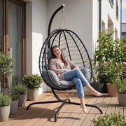 Gotland Outdoor Hanging Egg Chair with Stand,Patio Wicker Swing Egg Chair Hammock Chair with UV Resistant Cushion,All-Weather 485lbs Capacity for Bedroom,Balcony,Garden,Gray