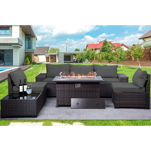 Gotland Outdoor Higher Density Sponge Patio Furniture Set with 43" Propane Fire Pit Table, 7 Pieces Outdoor Furniture Patio Sectional Sofa Conversation Sets (Grey）