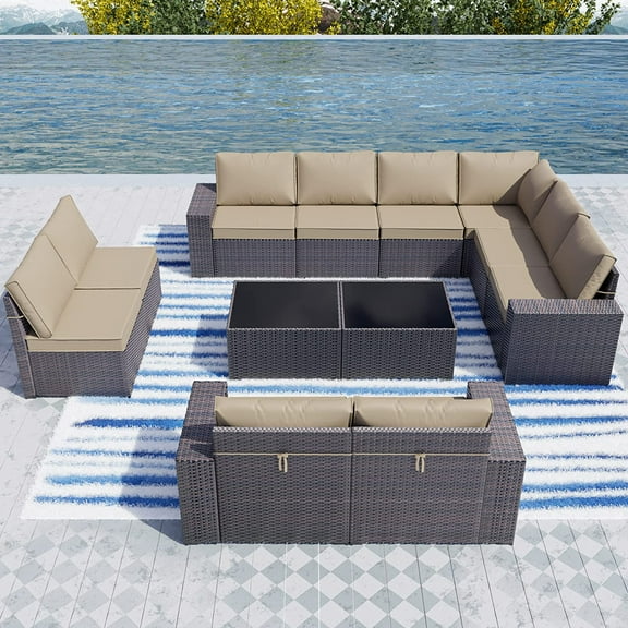 Gotland Outdoor Patio Furniture Sectional Conversation Set 12Pcs Rattan Wicker 10 Cushion Table Sand