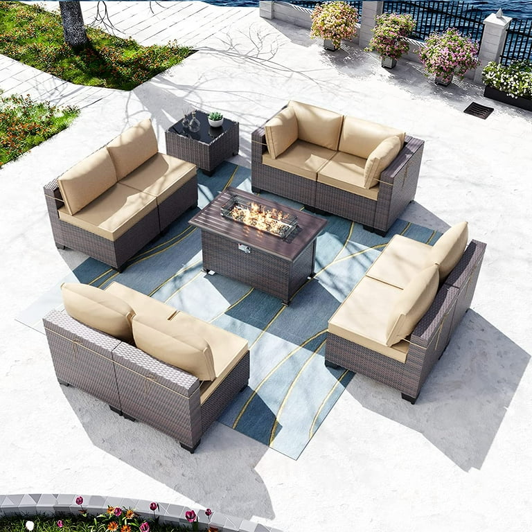 Gotland Outdoor Patio Furniture Set 10-Piece with Propane Fire Pit