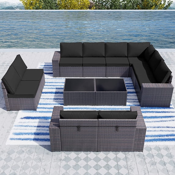 Gotland Outdoor Patio Furniture Set 12 Piece Sectional Rattan Sofa Wicker 10 Cushion 2 Table, Black