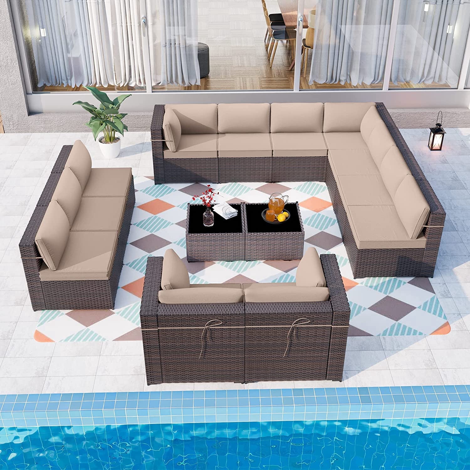 Gotland Outdoor Patio Furniture Set 14 Pieces Sectional Rattan Sofa Set PE Rattan Wicker Patio Conversation Set with Seat Cushions and Tempered Glass Table,Sand