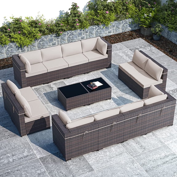 Gotland Outdoor Patio Furniture Set 14 Pieces Sectional Rattan Sofa Set PE Rattan Wicker Patio Conversation Set with Seat Cushions and Tempered Glass Table,Sand