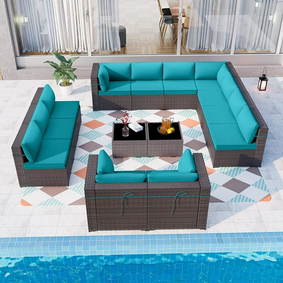 Gotland Outdoor Patio Furniture Set 14 Pieces Sectional Rattan Sofa Set PE Rattan Wicker Patio Conversation Set with Seat Cushions and Tempered Glass Table,blue