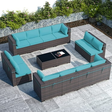 Gotland Outdoor Patio Furniture Set 14 Pieces Sectional Rattan Sofa Set PE Rattan Wicker Patio Conversation Set with Seat Cushions and Tempered Glass Table,blue