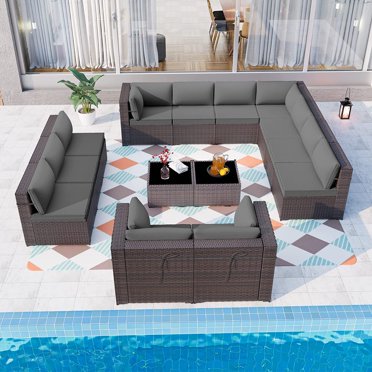 Gotland Outdoor Patio Furniture Set 14 Pieces Sectional Rattan Sofa Set PE Rattan Wicker Patio Conversation Set with Seat Cushions and Tempered Glass Table,grey