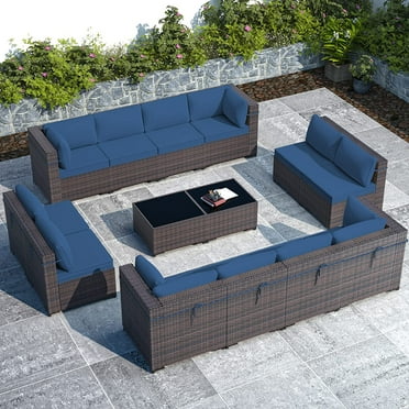 Gotland Outdoor Patio Furniture Set 14 Pieces Sectional Rattan Sofa Set PE Rattan Wicker Patio Conversation Set with Seat Cushions and Tempered Glass Table,navy blue