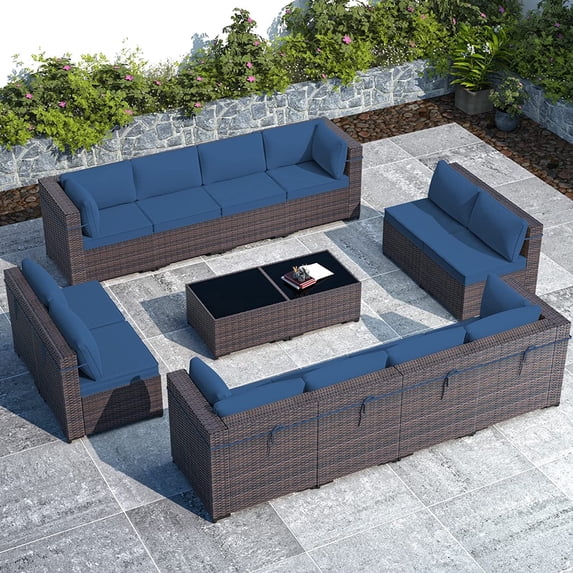Gotland Outdoor Patio Furniture Set 14 Pieces Sectional Rattan Sofa Set PE Rattan Wicker Patio Conversation Set with Seat Cushions and Tempered Glass Table,navy blue