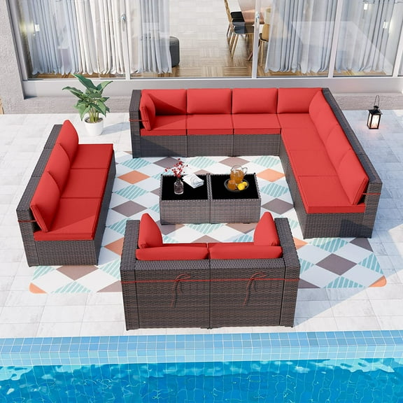 Gotland Outdoor Patio Furniture Set 14 Pieces Sectional Rattan Sofa Set PE Rattan Wicker Patio Conversation Set with Seat Cushions and Tempered Glass Table,red