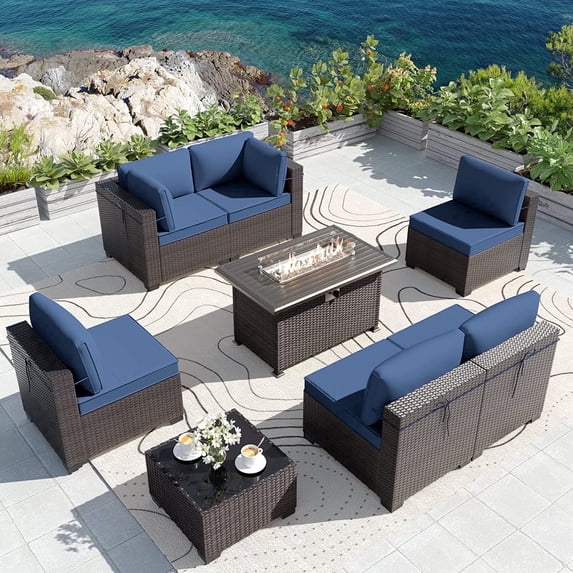 Gotland Outdoor Patio Furniture Set with 43" Propane Fire Pit Table, 8 Pieces Outdoor Furniture Patio Sectional Sofa Conversation Sets, PE Rattan Wicker, (Navy Blue)