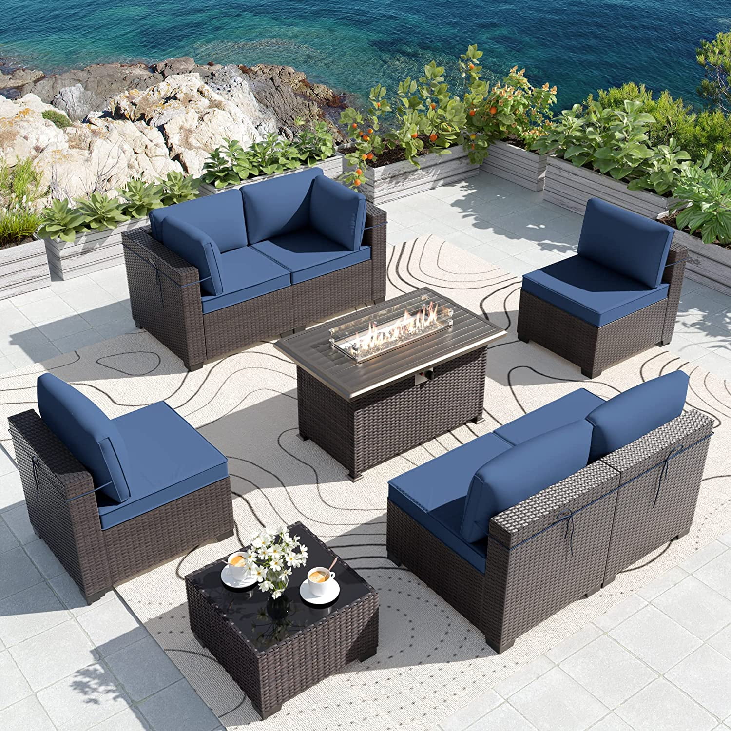 "Gotland 8Pc Outdoor Patio Furniture Set with 43"" Propane Fire Pit