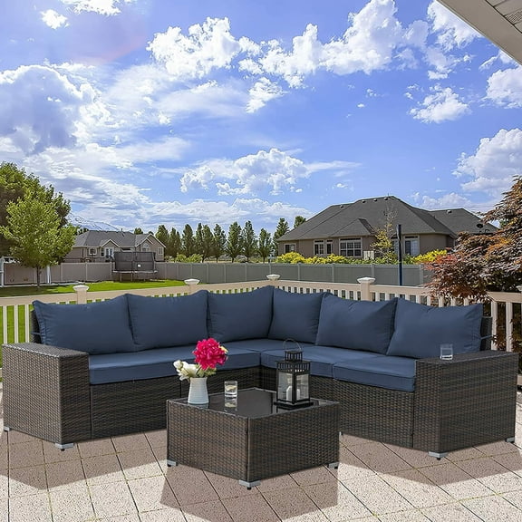 Gotland Outdoor Patio Furniture Set 6 Piece Sectional Rattan Sofa Set Rattan Wicker Patio Conversation Set with 5 Seat Cushions and 1 Tempered Glass Table, Dark Blue
