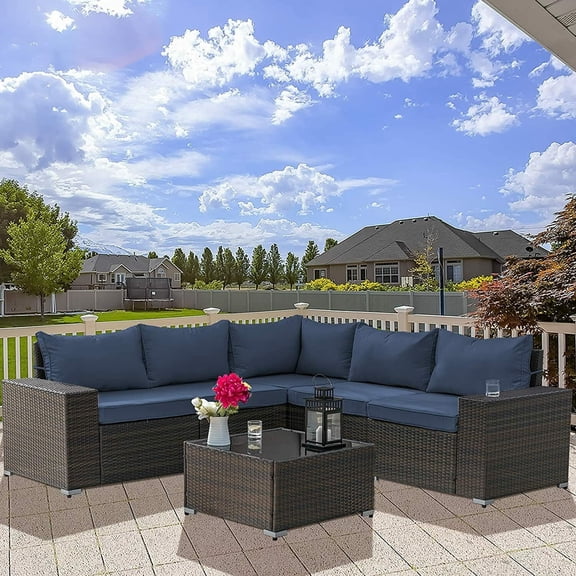 Gotland Outdoor Patio Furniture Set 6 Piece Sectional Rattan Sofa Set Rattan Wicker Patio Conversation Set with 5 Seat Cushions and 1 Tempered Glass Table, Dark Blue