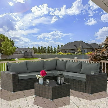 Gotland Outdoor Patio Furniture Set 6 Piece Sectional Rattan Sofa Set Rattan Wicker Patio Conversation Set with 5 Seat Cushions and 1 Tempered Glass Table,Grey