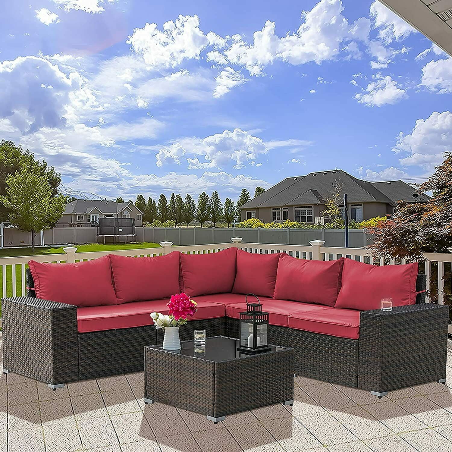 Gotland 5-Piece Rattan Dining Set - Tempered Glass Table, 4 Chairs With Cushions, Umbrella Hole - Indoor/Outdoor