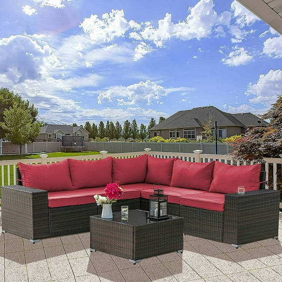 Gotland Outdoor Patio Furniture Set 6 Piece Sectional Rattan Sofa Set Rattan Wicker Patio Conversation Set with 5 Seat Cushions and 1 Tempered Glass Table,Red