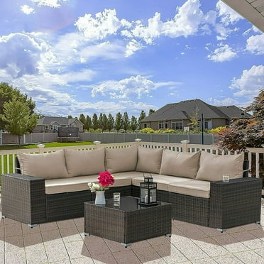 Gotland Outdoor Patio Furniture Set 6 Piece Sectional Rattan Sofa Set Rattan Wicker Patio Conversation Set with 5 Seat Cushions and 1 Tempered Glass Table,Sand