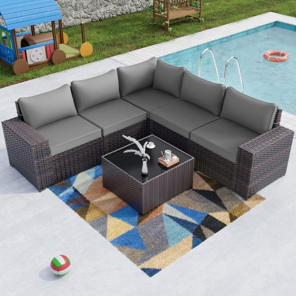 Gotland Outdoor Patio Furniture Set 6 Piece Sectional Rattan Wicker Sofa Set Patio Conversation Set Gray