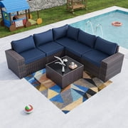 Gotland 6 Piece Patio Conversation Set, Outdoor Sectional Sofa Rattan Wicker Patio Furniture Set, Navy Blue