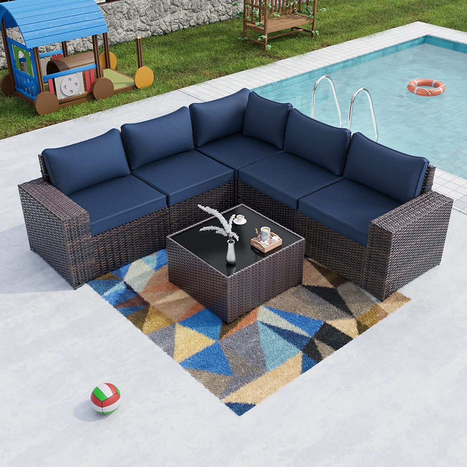 Gotland 2021 6 Piece Outdoor Patio Set Rattan Wicker Sofa Navy Blue Walmart