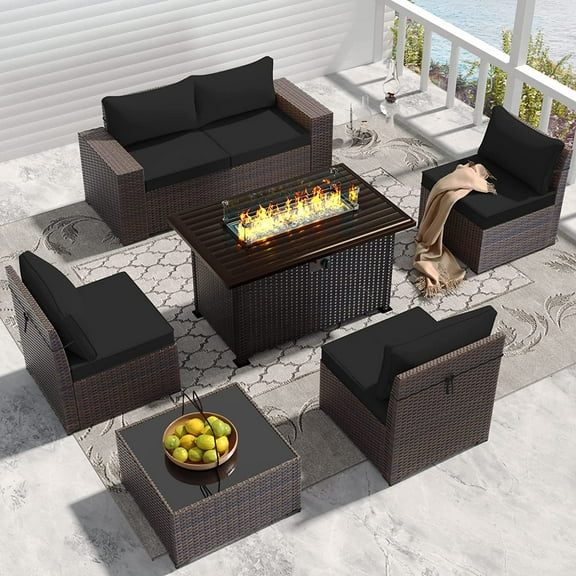 Gotland Outdoor Patio Furniture Set 7 Pieces Rattan Wicker Sectional Sofa with 43.3", Glass Black