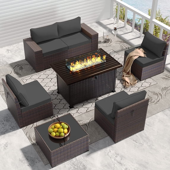 Gotland Outdoor Patio Furniture Set 7 Pieces Rattan Wicker Sofa with 43.3"Table,Grey