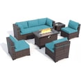 thumbnail image 1 of Gotland Outdoor Patio Furniture Set 8 Pieces Rattan Sectional Sofa with 43.3" Gas Fire Table, Blue, 1 of 7