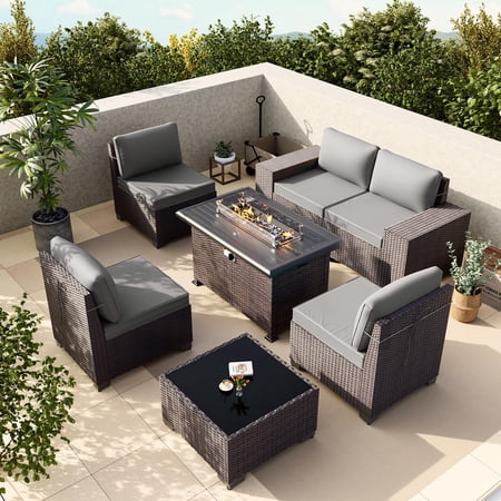 Gotland 8-Piece Rattan Wicker Patio Furniture Set with Propane Table, Gray