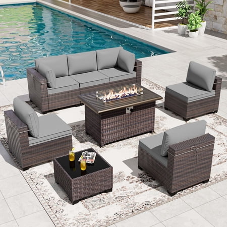 Gotland 8-Piece Rattan Wicker Patio Furniture Set with Propane Table, Gray