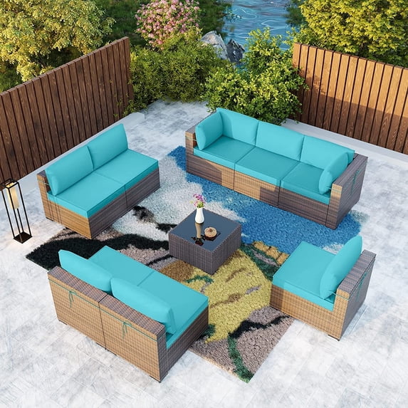 Gotland Outdoor Patio Furniture Set 9 Piece Sectional Rattan Sofa Set Rattan Wicker Patio Conversation Set with 8 Seat Cushions and 1 Tempered Glass Table,Blue