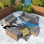 Gotland Outdoor Patio Furniture Set 9 Piece Sectional Rattan Sofa Set Rattan Wicker Patio Conversation Set with 8 Seat Cushions and 1 Tempered Glass Table,Grey