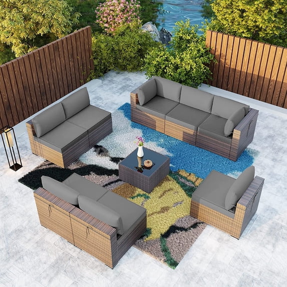 Gotland Outdoor Patio Furniture Set 9 Piece Sectional Rattan Sofa Set Rattan Wicker Patio Conversation Set with 8 Seat Cushions and 1 Tempered Glass Table,Grey