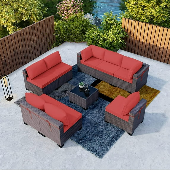 Gotland Outdoor Patio Furniture Set 9 Piece Sectional Rattan Sofa Set Rattan Wicker Patio Conversation Set with 8 Seat Cushions and 1 Tempered Glass Table,Red